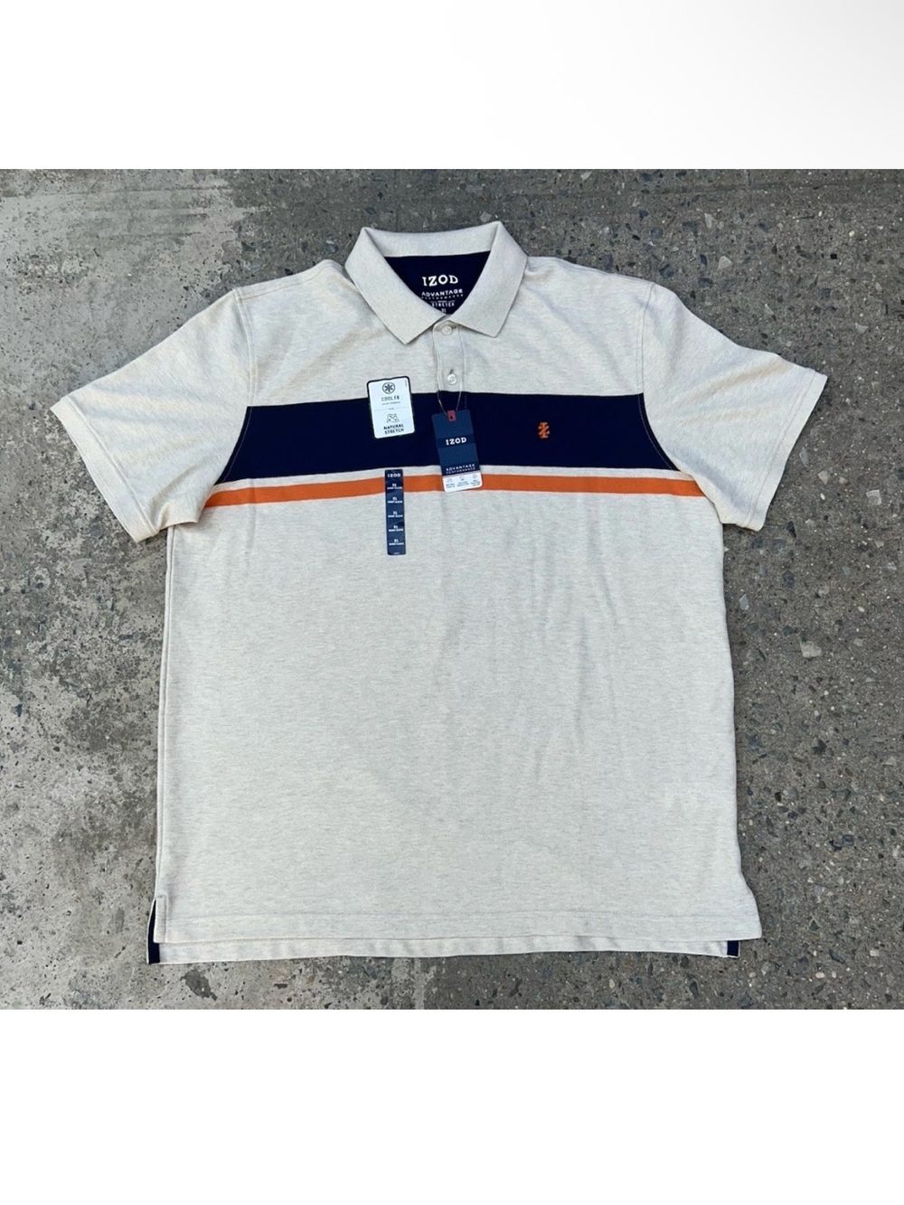 IZOD Advantage Performance Stretch Polo Shirt Stripe Cool Fx XL NWT Beige Orange